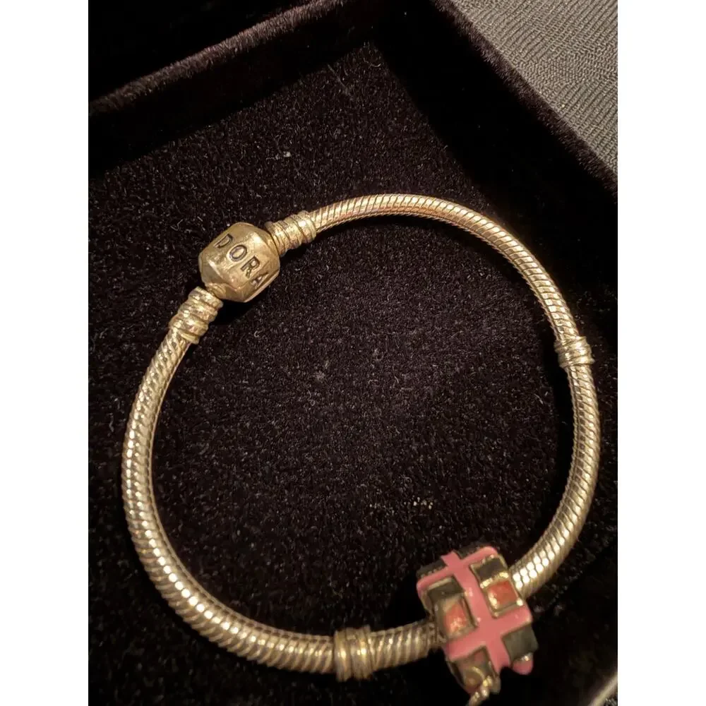 Pandora Sterling Silver Pink Enamel Present Gift Charm Bracelet + Box